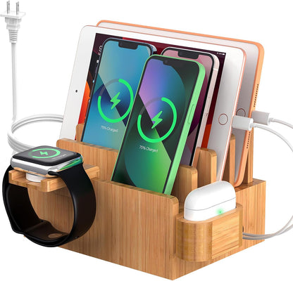 Pezin & Hulin Bamboo Charging Station for Phone, Watch&Earbud with 5 Cables