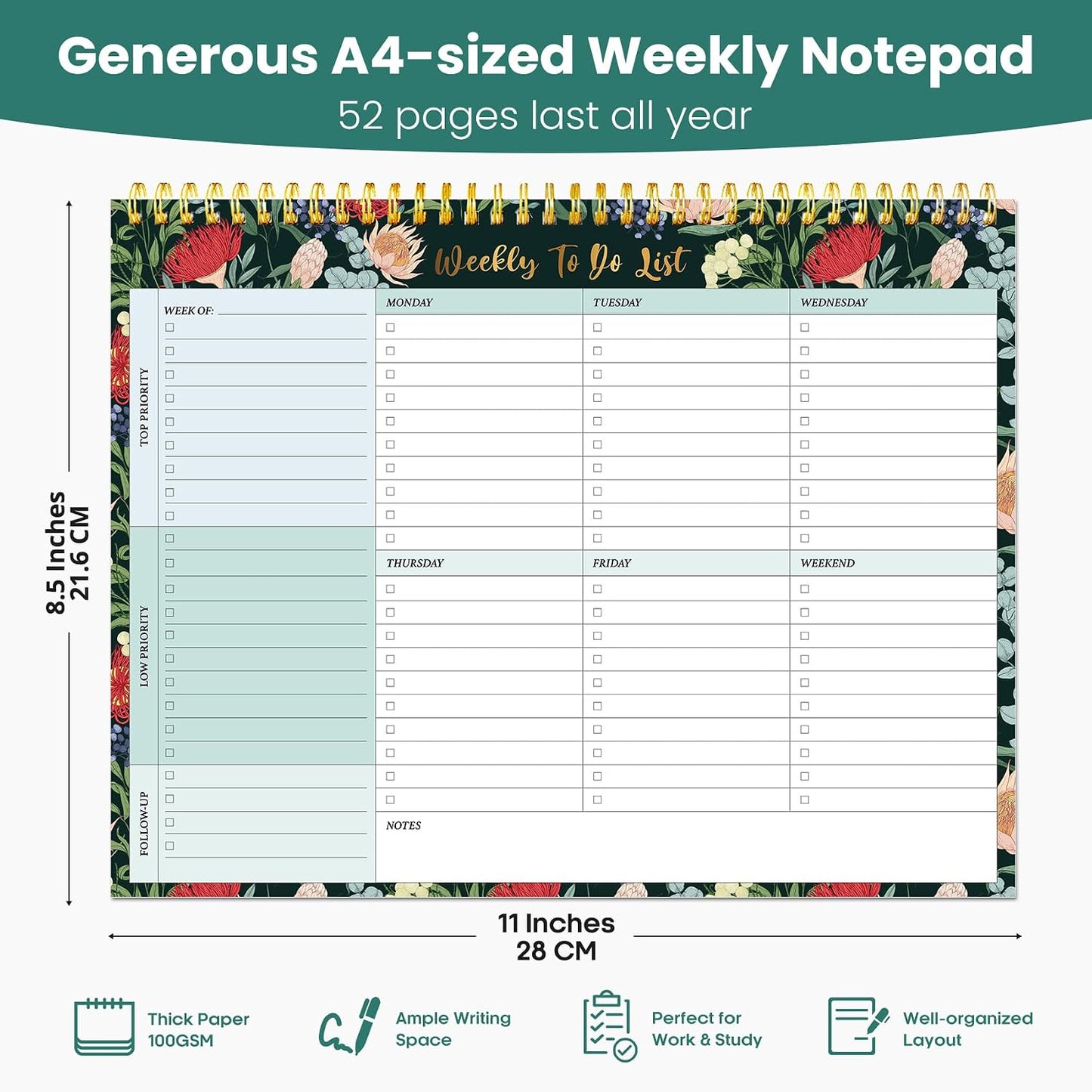 Weekly To Do List Notepad with 52 Undated Sheets（8.5"×11"）- Undated Weekly Planner Notepad for Office Desk Accessories and Supplies - Sunshine Petal