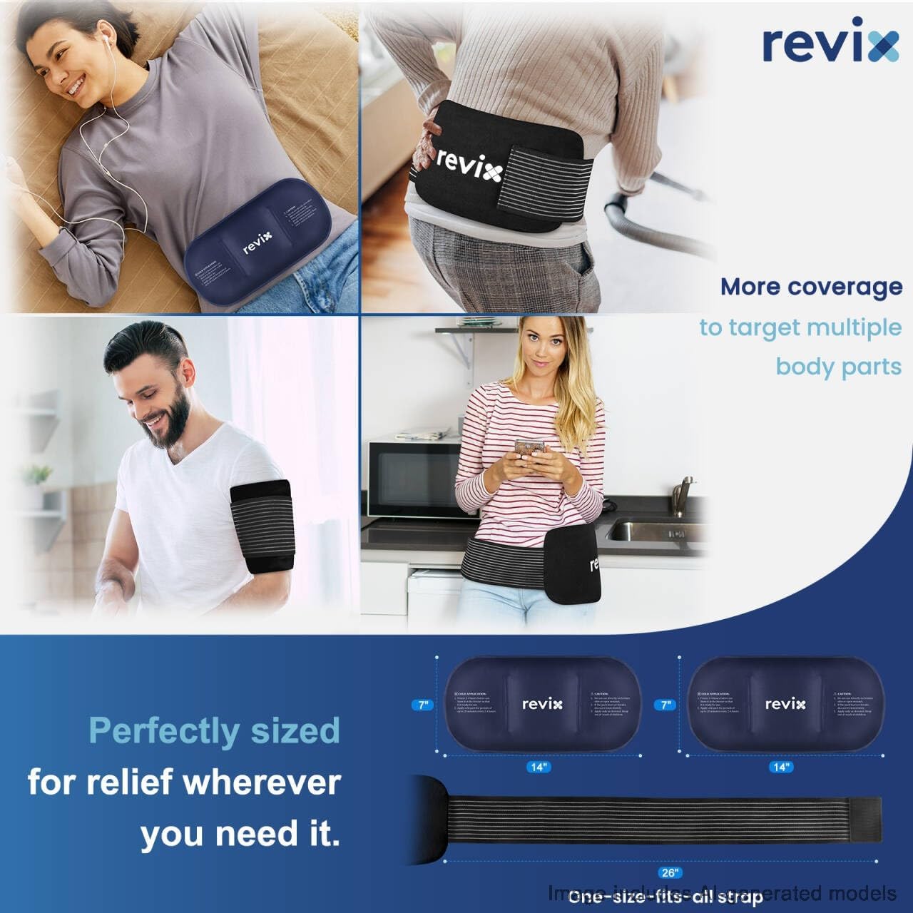REVIX Ice Packs for Injuries Reusable, 2 Packs Hot and Cold Pack with Adjustable Strap, Flexible Ice Wraps for Joints and Muscle, Rotator Cuff, Back, Knee Discomfort Relief (10" x 5" Blue)