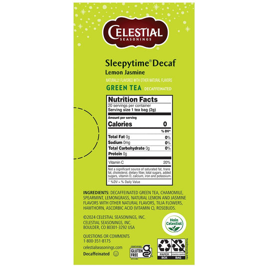 Celestial Seasonings Sleepytime Decaf Lemon Jasmine Green Tea Bags 20 Tea Bags