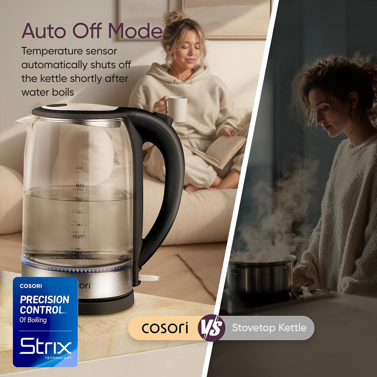 Cosori Electric Kettle, No Plastic Contact with Water, 1.7L, White