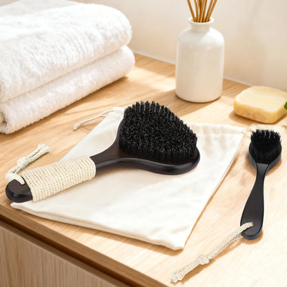 eaxun Bamboo Dry Brushing Set with Body and Face Brush, Dry Scrub Brush with Exfoliating Natural Boar Bristle for Lymphatic Drainage, Cellulite Reduction, Blood Circulation and Glowing Skin, 2 Pack