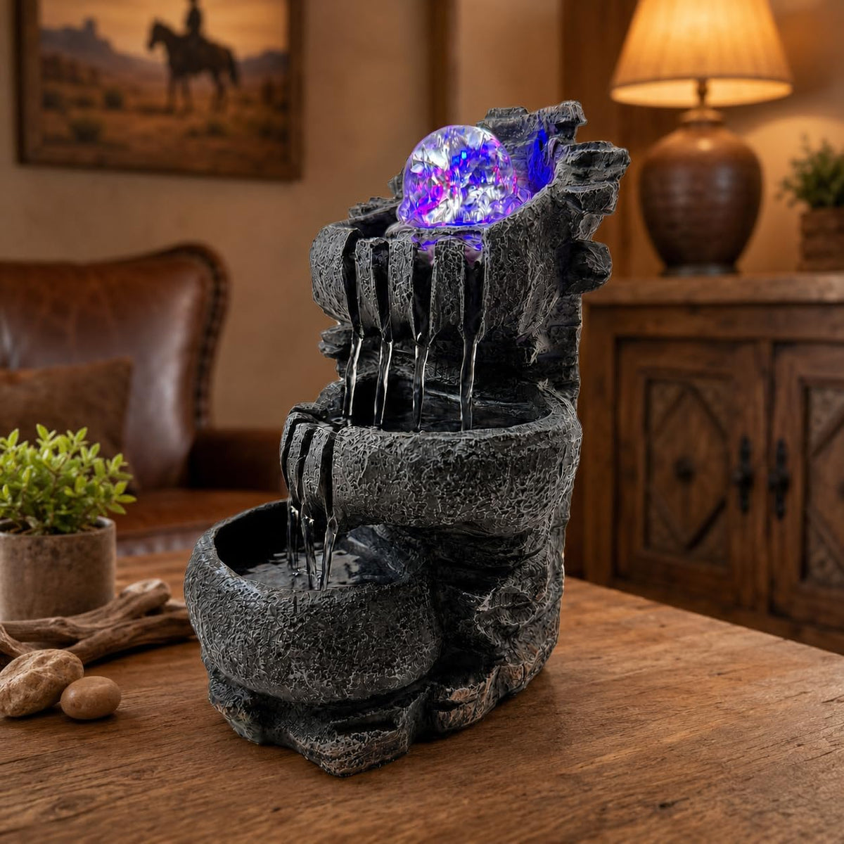 Indoor Tabletop Water Fountain with LED Light, Resin Rock-Look Waterfall Decor, Feng Shui Inspired Zen Fountain for Desk, Office, Bedroom, Living Room & Meditation Space (9" Cascading Rock)
