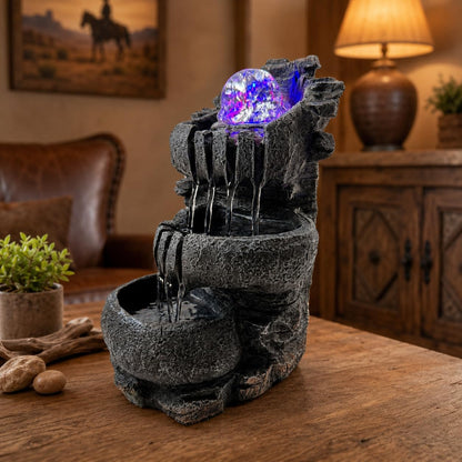 Indoor Tabletop Water Fountain with LED Light, Resin Rock-Look Waterfall Decor, Feng Shui Inspired Zen Fountain for Desk, Office, Bedroom, Living Room & Meditation Space (9" Cascading Rock)