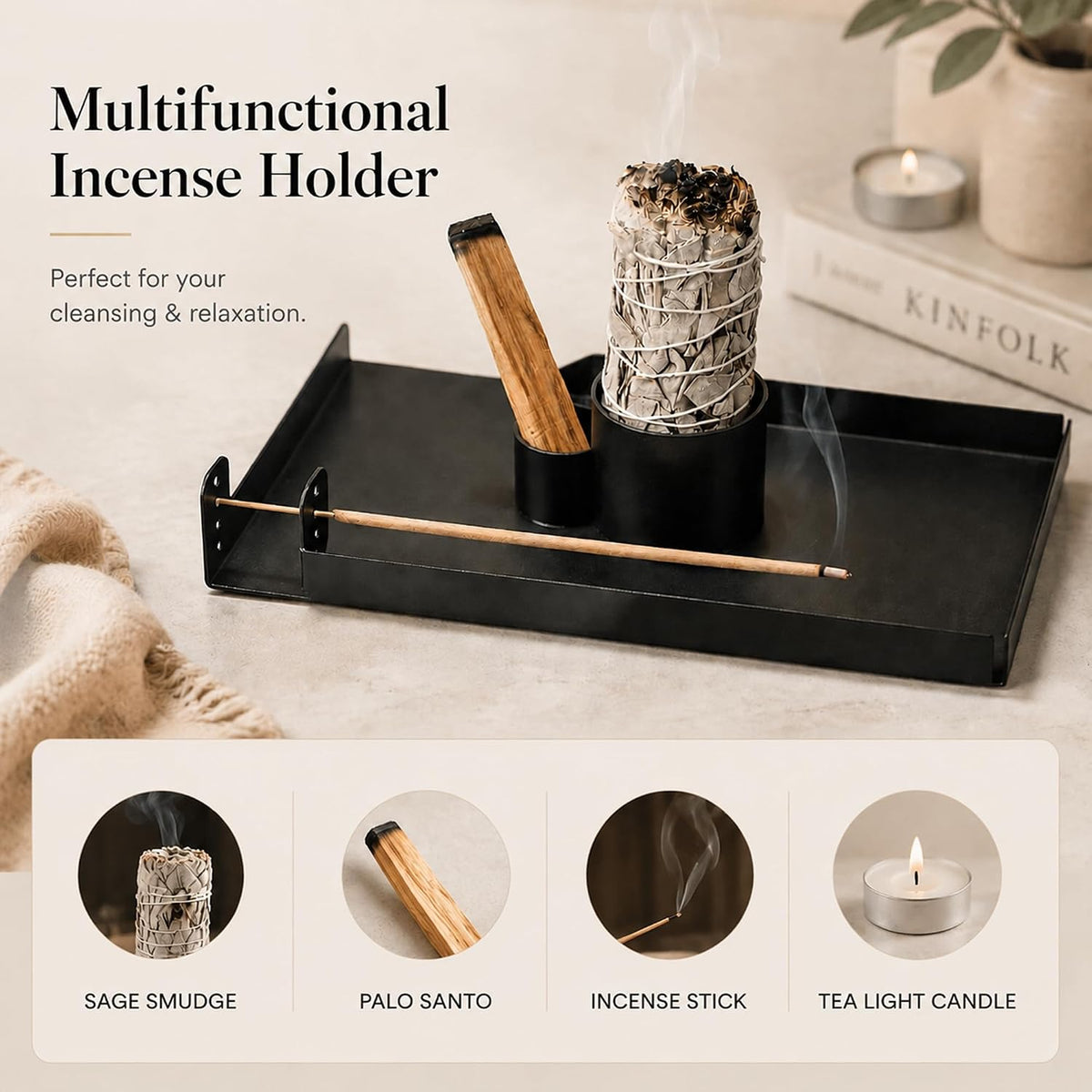 4 in 1 Incense Holder, Sage Burner Holder, Palo Santo Holder Burner, 5.47" Ash Catch Tray, Smudge Stick Holder with Handle for Incense Sticks Incense Cone, Yoga Meditation and Room Decor
