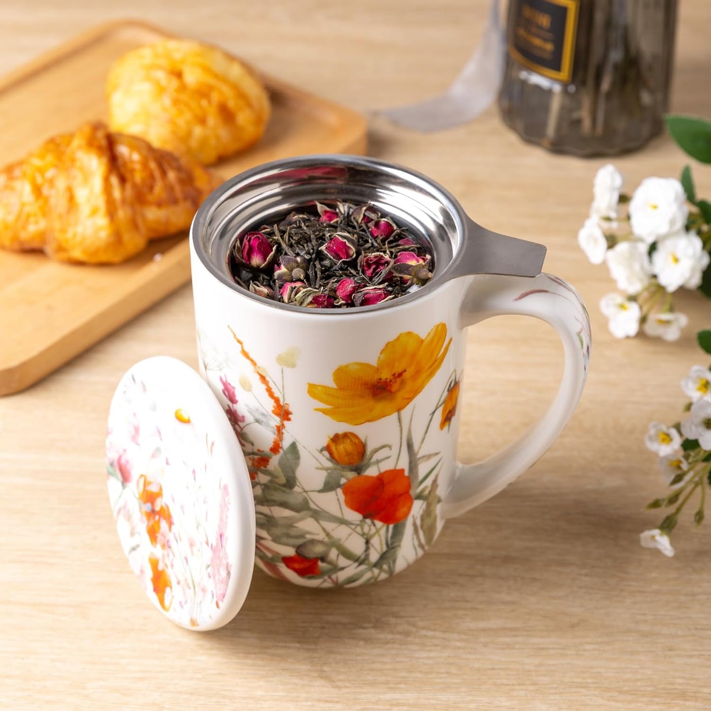 AmorArc Porcelain Tea Mug with Infuser and Lids, 18 Oz Large Cup Strainer with Bag Holder for Loose Leaf Tea, Steeping Coffee Mug for House-warming Wedding Birthday Gift