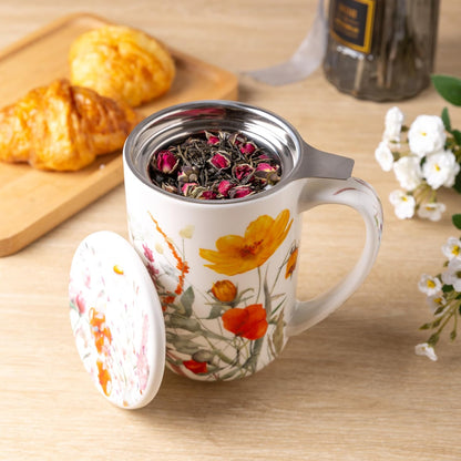 AmorArc Porcelain Tea Mug with Infuser and Lids, 18 Oz Large Cup Strainer with Bag Holder for Loose Leaf Tea, Steeping Coffee Mug for House-warming Wedding Birthday Gift