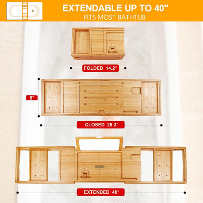 Premium Bamboo Bathtub Tray Caddy - Bath Tub Tray Table for Bathtub - Bath Caddy Tray for Bathtub, Expandable Size, Fits Most Bath Tubs