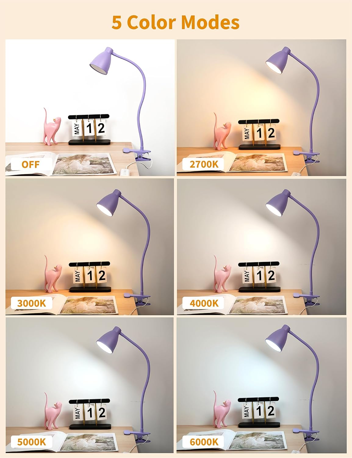 BOHON Desk Lamp with Clamp, Clip on Light, 5 Color 10 Brightness, Teal
