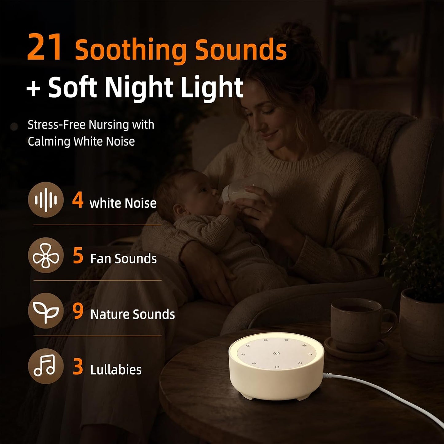 Kipcush White Noise Machine for Sleeping – High-Fidelity Non-Looping Sounds, Dimmable Night Light, USB Powered, Sleep Sound Machine for Baby, Kids & Adults (A - Model White+, Standard)