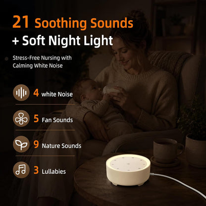 Kipcush White Noise Machine for Sleeping – High-Fidelity Non-Looping Sounds, Dimmable Night Light, USB Powered, Sleep Sound Machine for Baby, Kids & Adults (A - Model White+, Standard)