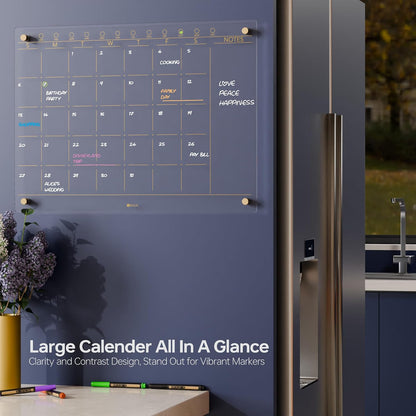 Black Glass Golden Monthly Dry Erase Calendar Whiteboard for Wall, 17" x 23", Frameless Large Planner White Board for Home Kitchen Office, 4 Wet Erase Markers Included, Yeoux