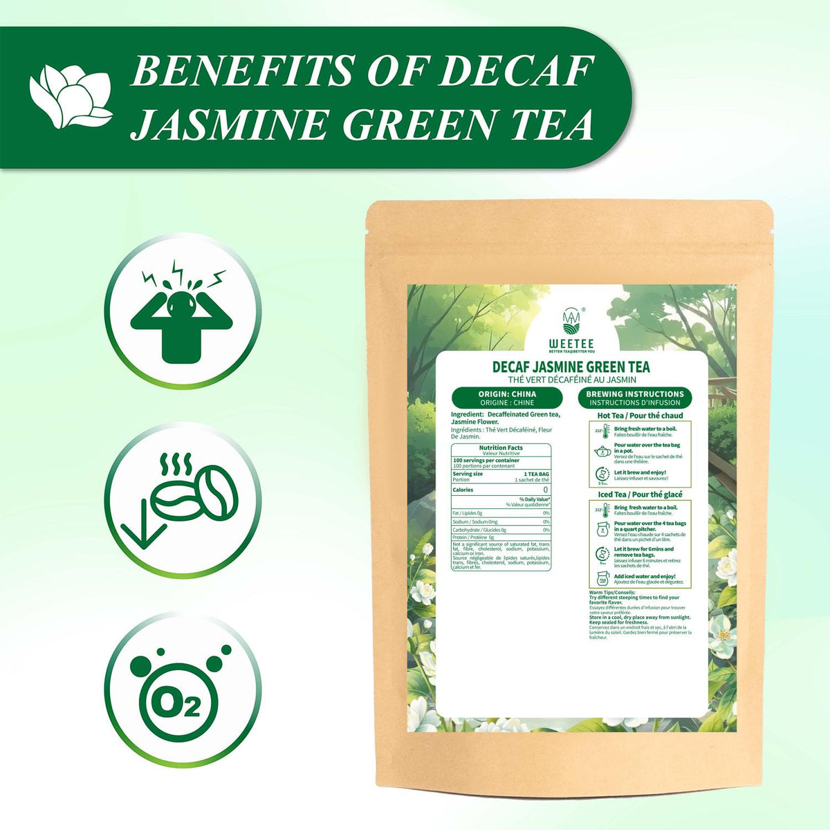 WT WEETEE Decaf Jasmine Green Tea Bags 100 Count, Natural CO2 Decaffeinated