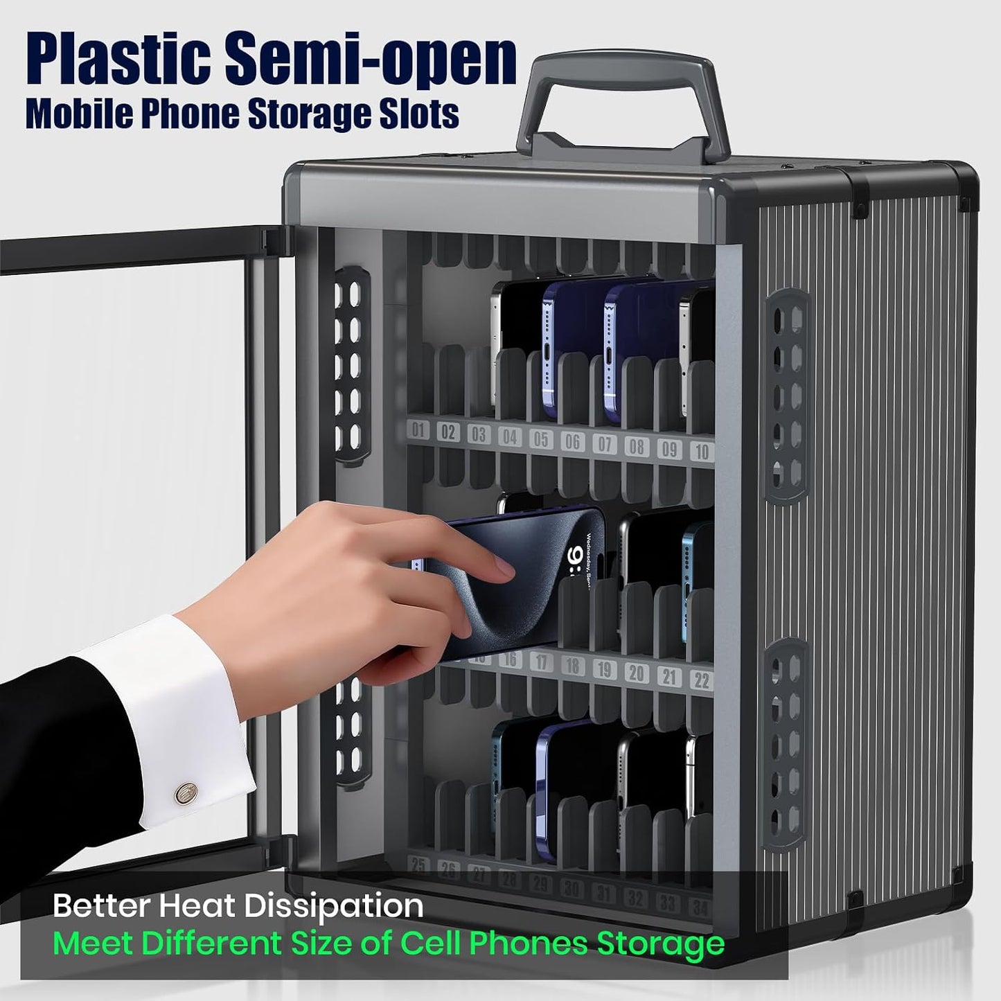 36 Slots Cell Phone Locker for Classroom with Key, Portable Mobile Phone Storage Box with Handle & Charging Hole, Phone Lock Box Wall Mounted for School (Black, 36 Slots)