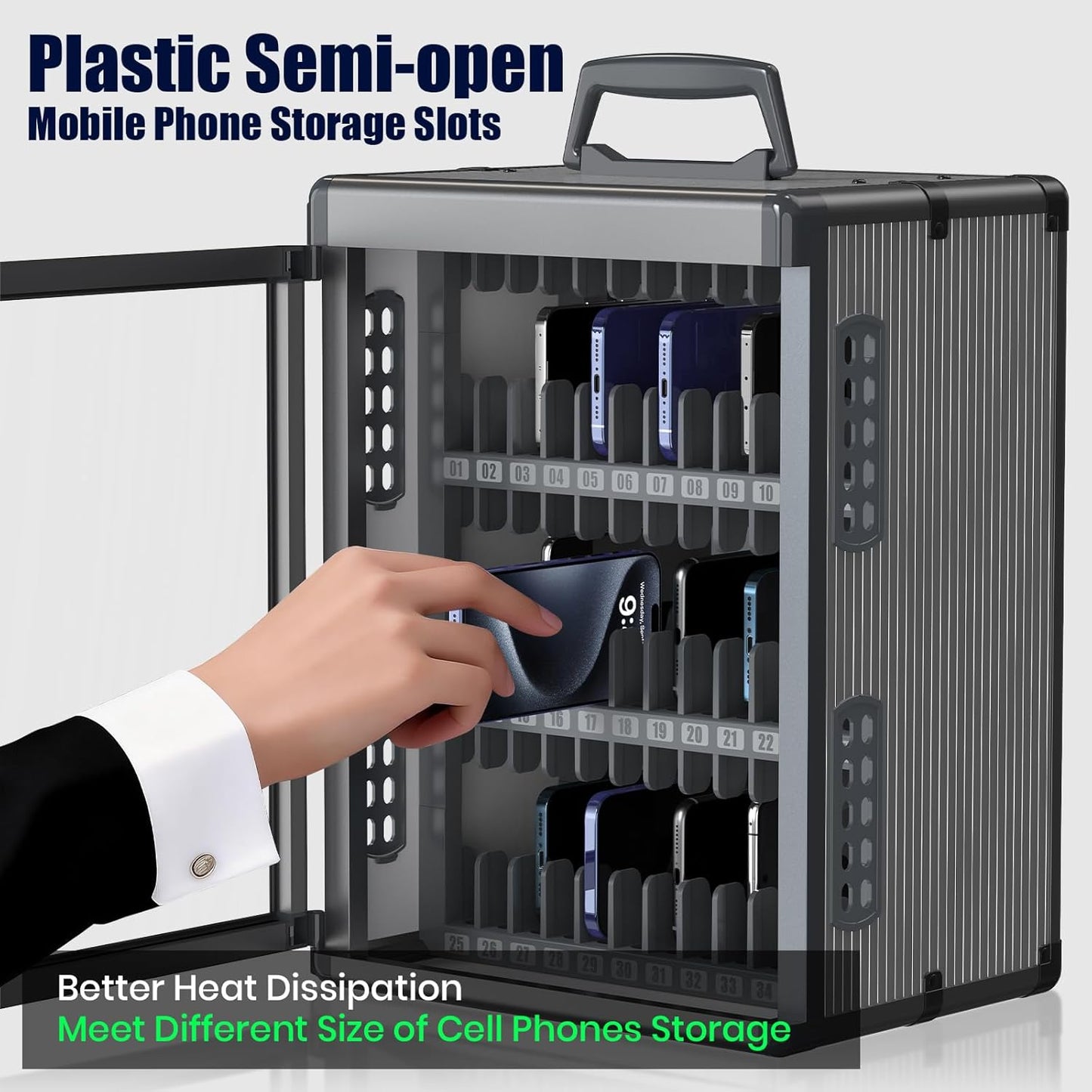 36 Slots Cell Phone Locker for Classroom with Key, Portable Mobile Phone Storage Box with Handle & Charging Hole, Phone Lock Box Wall Mounted for School (Black, 36 Slots)