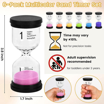 Shindel Sand Timers Set, 6PCS Colorful Hourglass Sandglass Timer 1/3/5/10/15/30 Minutes Sand Clock Timer for Games Classroom Kitchen Cooking Office