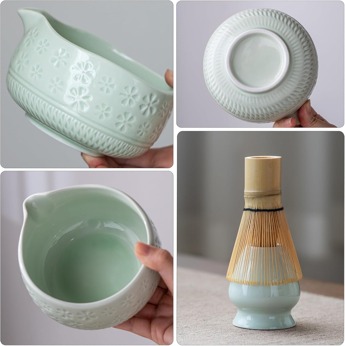 Buucup Matcha Whisk Set, Ceramic Matcha Kit Set Includes Matcha Bowl, Matcha Whisk and Holder, Bamboo Scoop, Scoop Rest, Sifter and Tea Towel - 7 Pcs Matcha Kit for Matcha Lovers (Mottled Green)