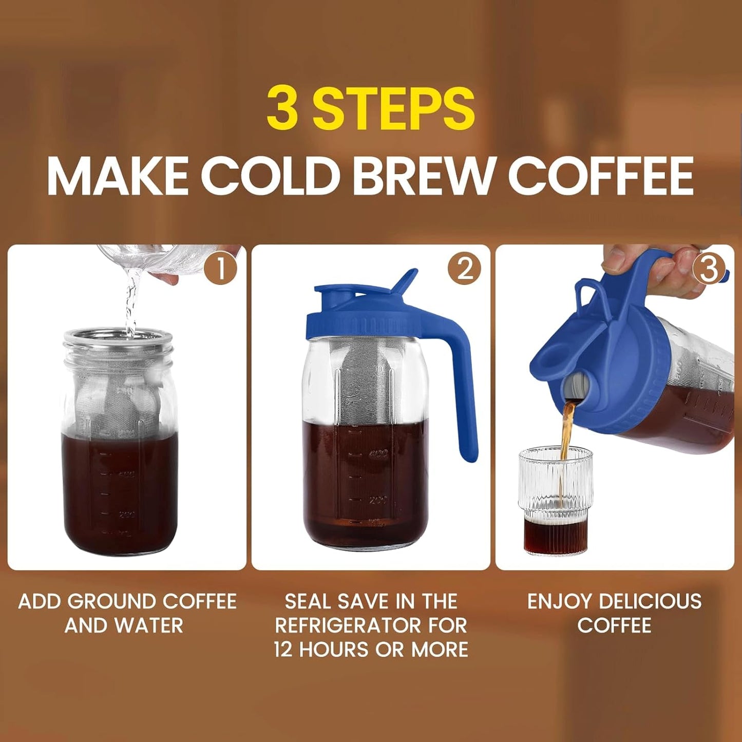 Cold Brew Coffee Maker,64 oz Mason Jar Pitcher with Stainless Steel Filter, Pour Spout Handle Lid, Heavy Duty Glass Airtight & Leak-Proof for Iced Coffee,Tea & Lemonade