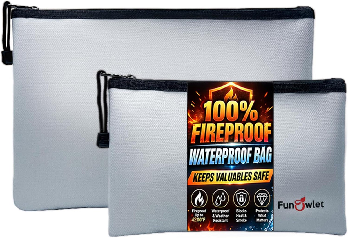 Fireproof Waterproof Money Document Bag, 2Pack Safe Pouch Black