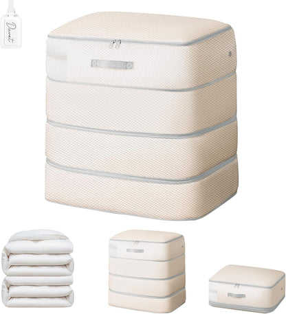 Comforter Storage Bag - 130L Large Capacity Blanket Storage Bags 4-Layer Ultra Space Saving Self Compression Organizer, Washable Compression Bags for Storage Comforter Blanket, Beige