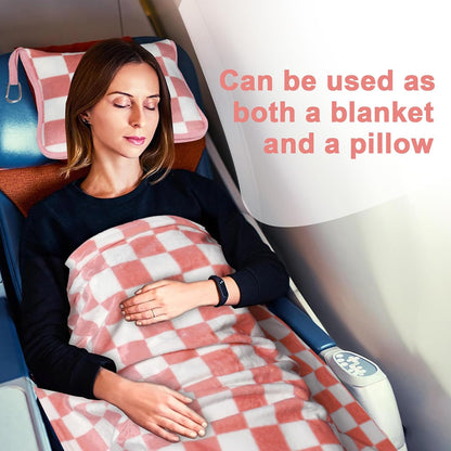 Travel Blanket and Pillow Compact, Premium Soft 2 in 1 Airplane Blanket with Soft Bag Pillowcase，Hand Luggage Sleeve and Backpack Clip (Checkered Black)
