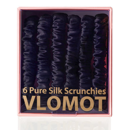 VLOMOT 6 Pcs Set 100% Pure Mulberry Silk Hair Scrunchies - 6 Chic Colors Everyday Skinny Scrunchies Silk Ponytail Holders - No Damage (Purple)