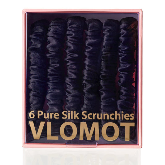 VLOMOT 6 Pcs Set 100% Pure Mulberry Silk Hair Scrunchies - 6 Chic Colors Everyday Skinny Scrunchies Silk Ponytail Holders - No Damage (Purple)