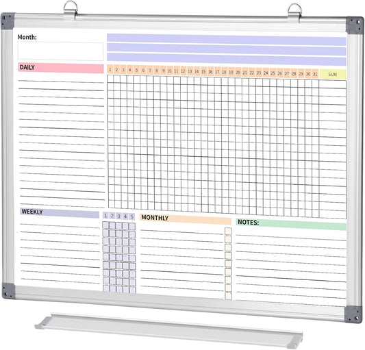 Habit Tracker Dry Erase Whiteboard with Silver Aluminium Frame for Wall 12" x 16"Hanging Removable Daily Weekly and Monthly Goal and Habit Tracker Motivational Goal & Planner Journal