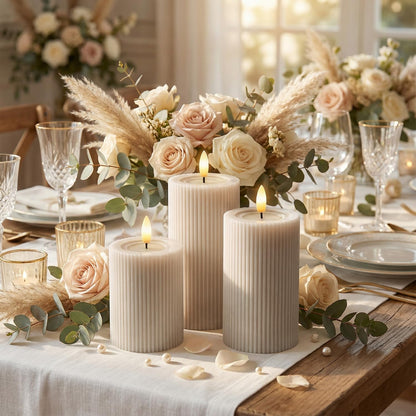 Ribbed Fluted Real Wax Flameless LED Pillar Candles, Loden Sage Olive Green, Melted-Wax Top Look, Flickering Flame, Battery Operated, Remote & Timer, Shelf & Wedding Decor (Set of 3)