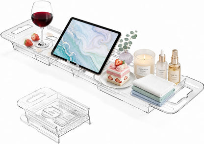 Expandable Bathtub Tray Caddy, Clear Bath Tray for Tub for Bath Relaxing, Foldable Bath Table Trays, Bathtub & Bathroom Accessories for Women Gift, Anniversary or Wedding Gifts, New Home