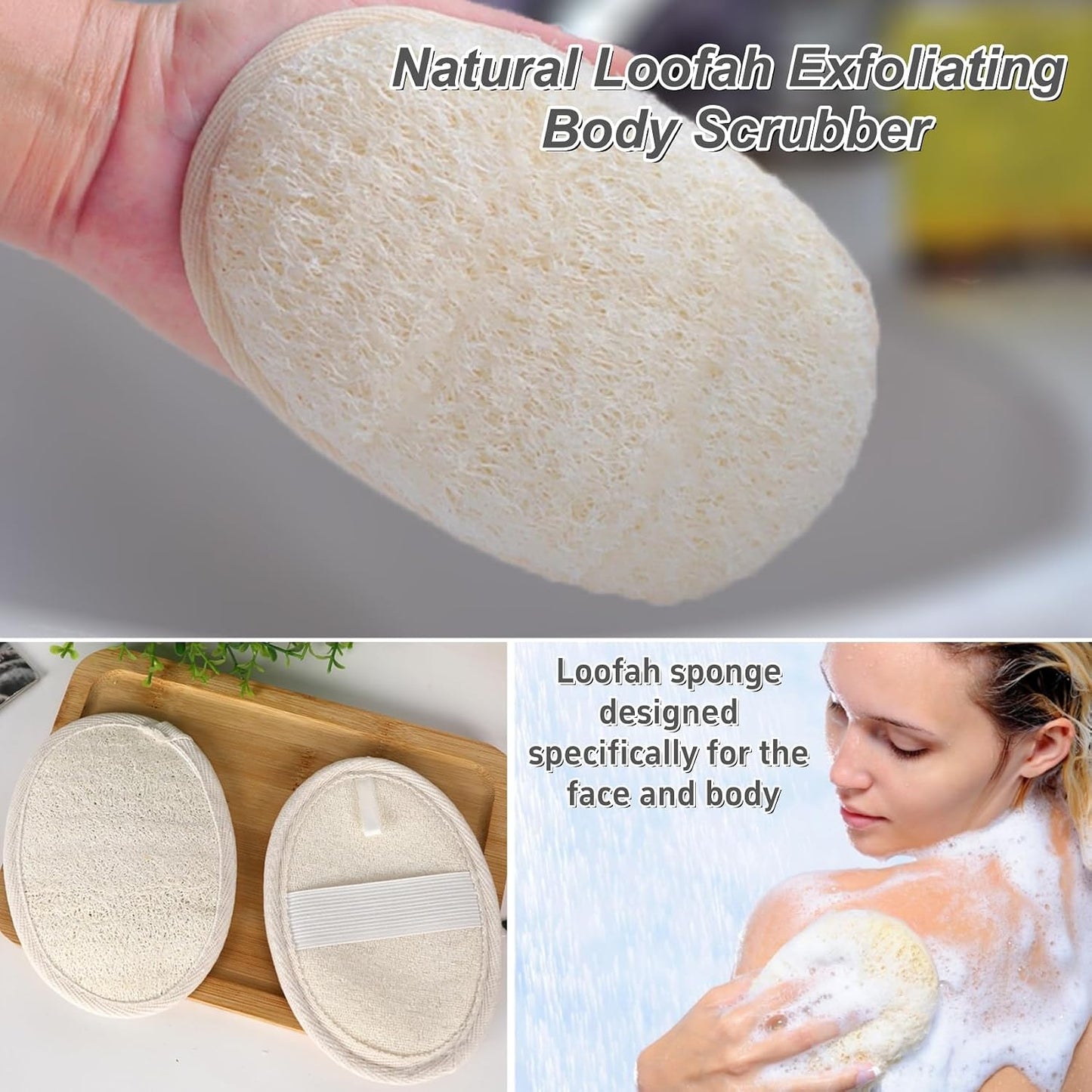 Natural Loofah Exfoliating Body Scrubber, 2-Piece Set, Includes Loofah Back Scrubber + Loofah Sponge, Bath Shower Loofah Scrubber for Men & Women, to Clean Body Deeply, Invigorate Your Skin