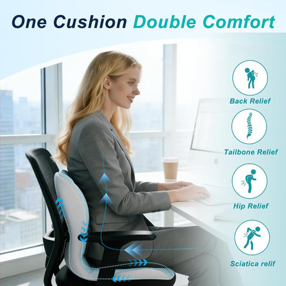 Seat Cushion for Office Chair and Car, Lumbar Support Pillow for Office Chair, Memory Foam Ergonomic Seat Cushion for Long Sitting, Back & Tailbone Pain, Sciatica - Dark Gray & Light Gray