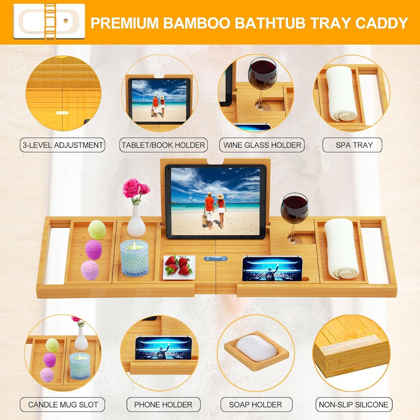 Premium Bamboo Bathtub Tray Caddy - Bath Tub Tray Table for Bathtub - Bath Caddy Tray for Bathtub, Expandable Size, Fits Most Bath Tubs
