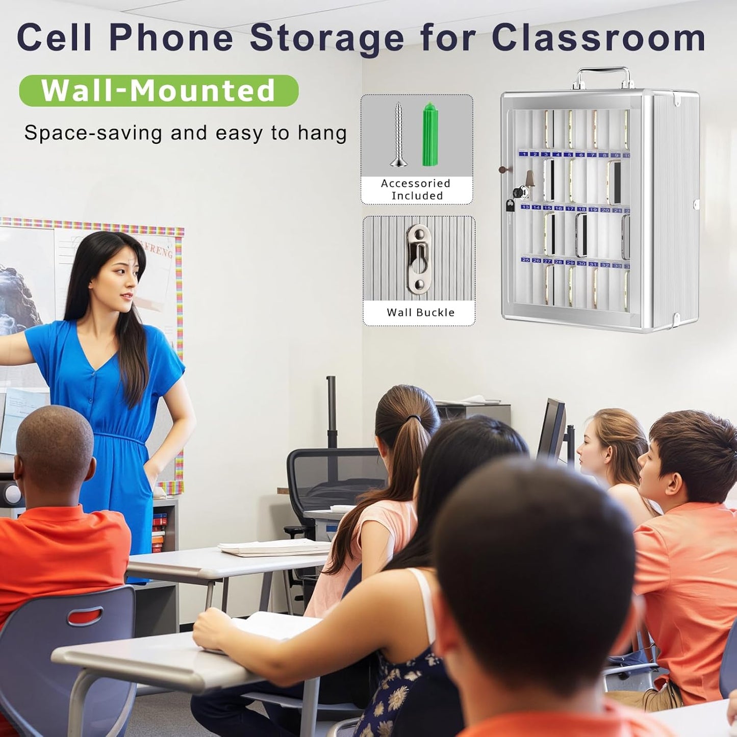 Loghot Aluminum Alloy Pocket Chart Cell Phones Storage Cabinet for Cell Phones, Wall-Mounted Cell Phone Locker Phone Holder with Lock for Classroom, Office, Can be Carried by Hand (36 Slots)