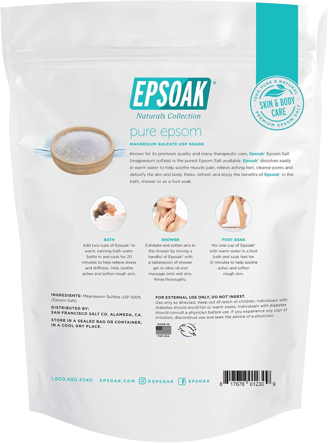 Epsoak Epsom Salt 38 lb. Magnesium Sulfate USP. (Qty. 2 x 19 lb. Bags) Resealable Epsom Salt Bag Unscented, Made in The USA, Cruelty-Free Certified
