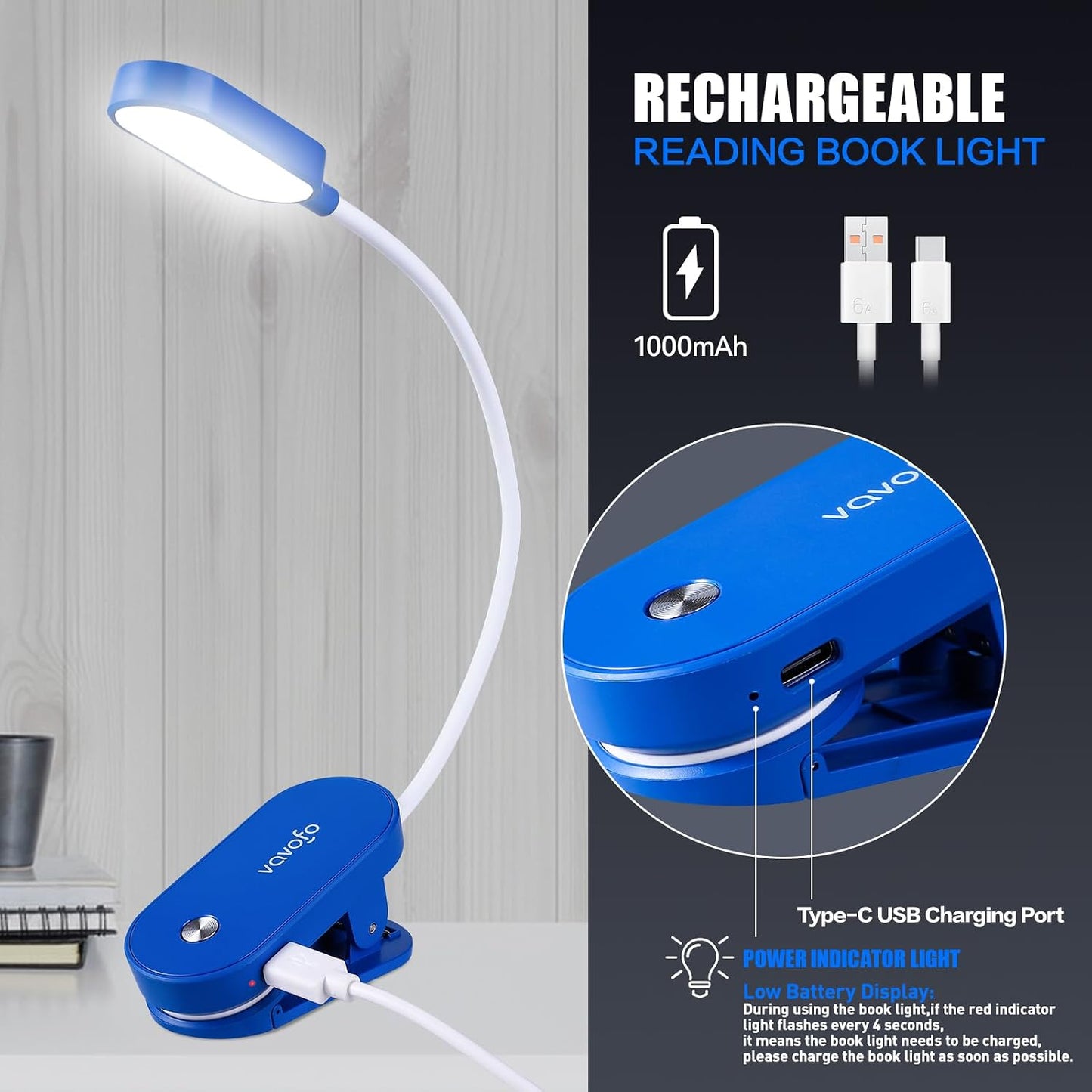VAVOFO Rechargeable Book Light, 14 LEDs Eye Care Clip On Amber Reading Light for Bookworms Reading in Bed with 9 Colors 9 Brightness (White-Blue)