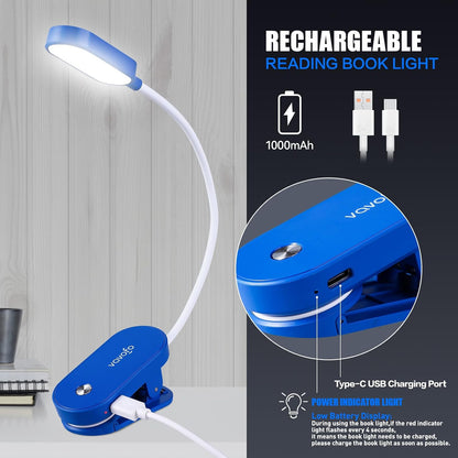 VAVOFO Rechargeable Book Light, 14 LEDs Eye Care Clip On Amber Reading Light for Bookworms Reading in Bed with 9 Colors 9 Brightness (White-Blue)