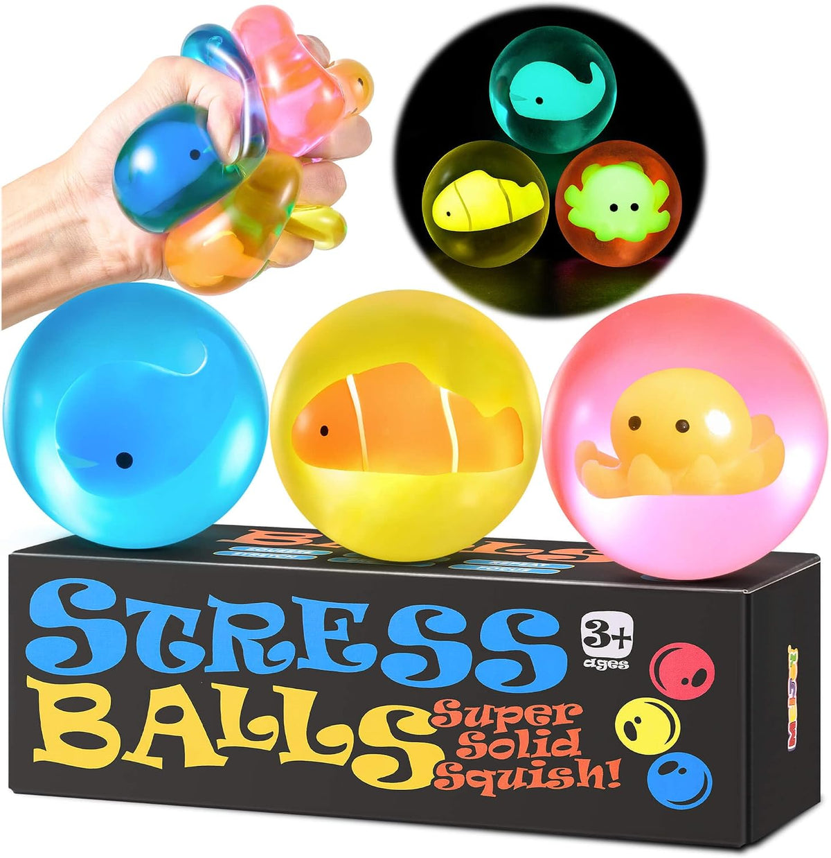 Stress Balls for Kids Adults - Squishy Fidget Toys Sensory Toys for Kids with Autism Glow in The Dark Squeeze Balls for Hand Therapy Squish Ball for Anxiety Stress Relief Sugar Ball Birthday Gifts