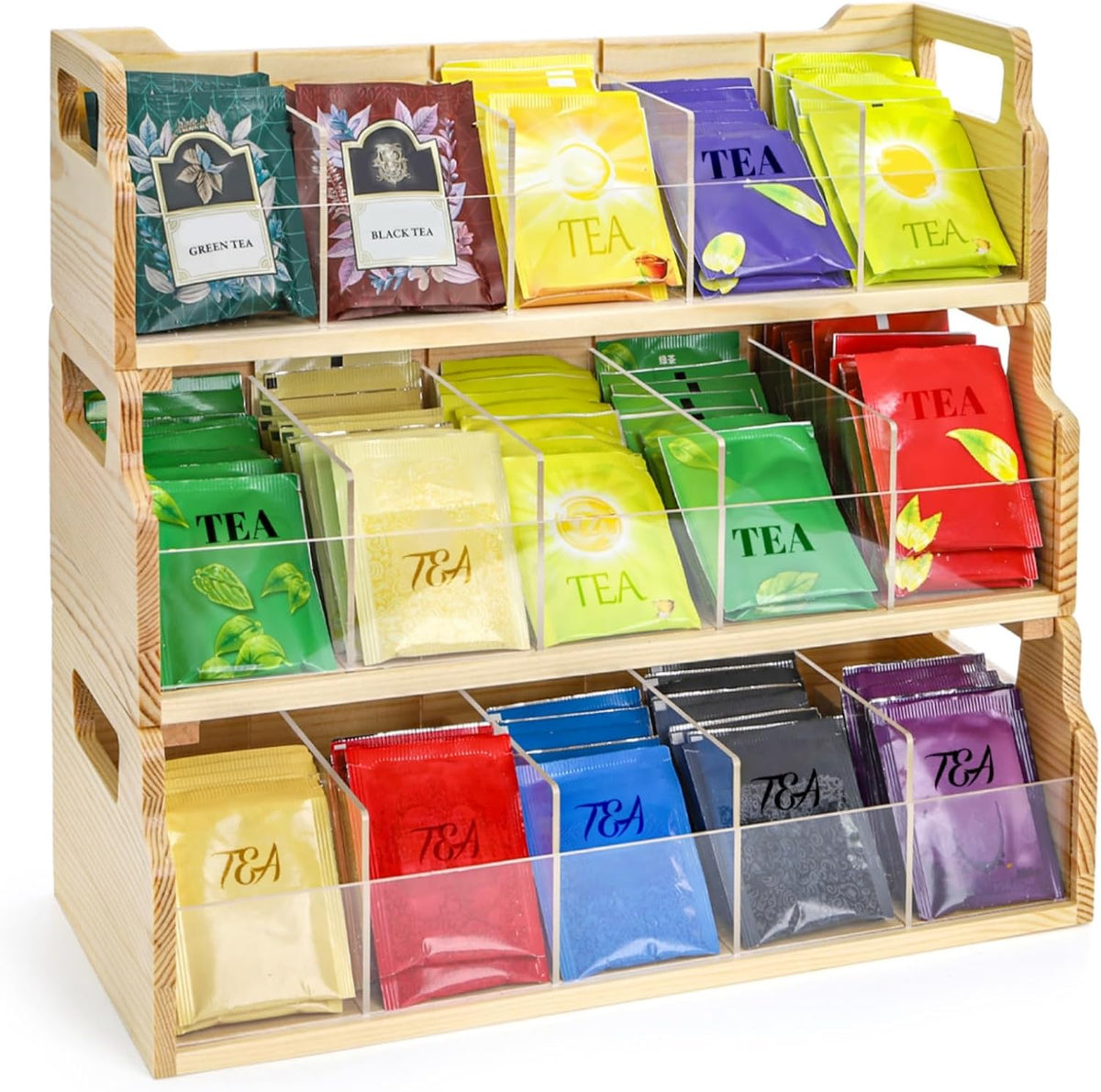 ZAVOOS 3 Tier Tea Bag Organizer with Acrylic Divider, 15 Compartments