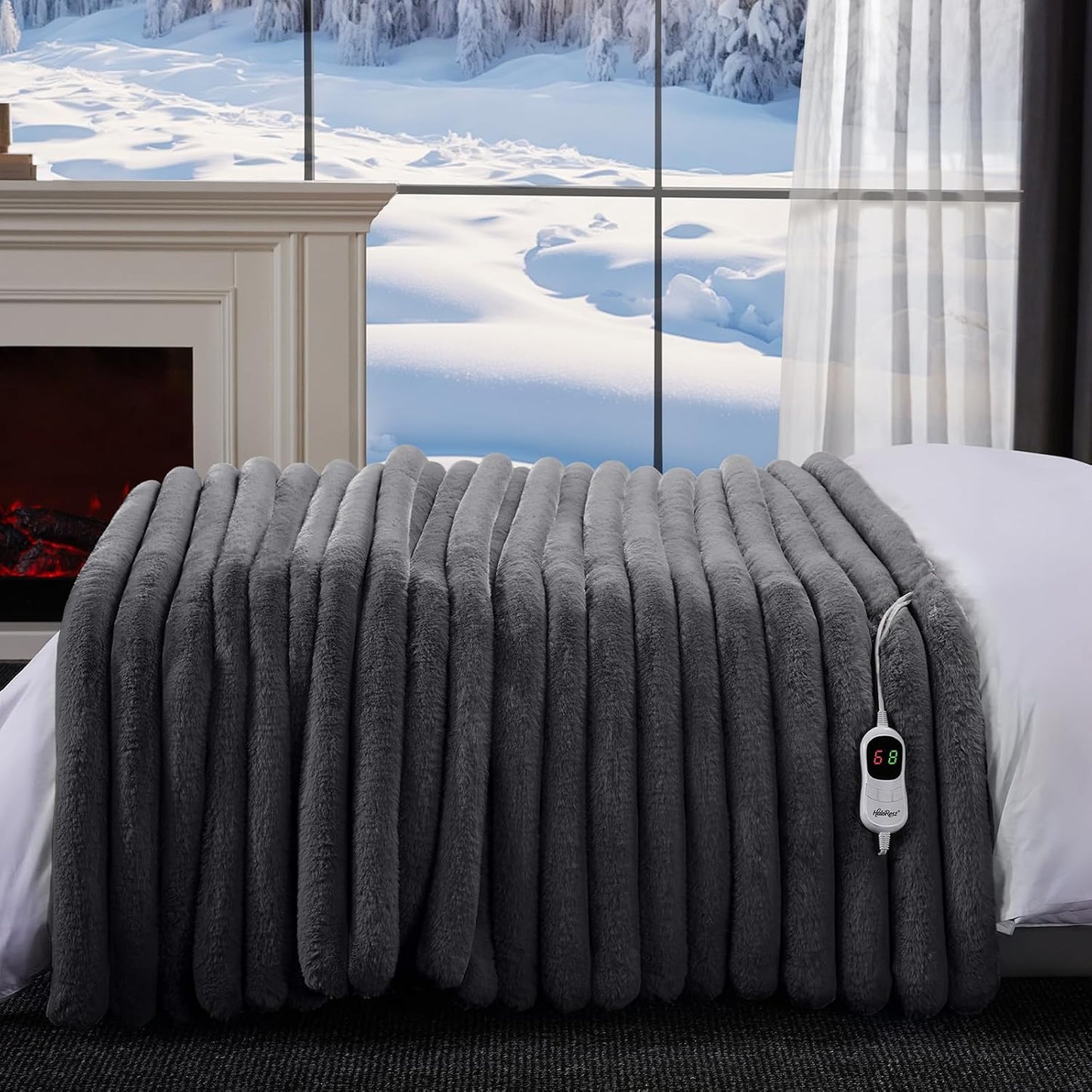 Heated Throw Blanket, Faux Fur Cozy Heating Blanket with Overheat Protection, 1/2/4/6/8 Hours Auto-Off 10 Heat Level, Machine Washable (50x60 Inches, Cream White)