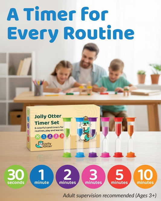 Sand Timer for Kids - Pack of 6 Hourglass Timers 30 Second, 1, 2, 3, 5 & 10 Minute Timer for Brushing Teeth, Games & More - Multi-Color Set Sand Clock for Classroom