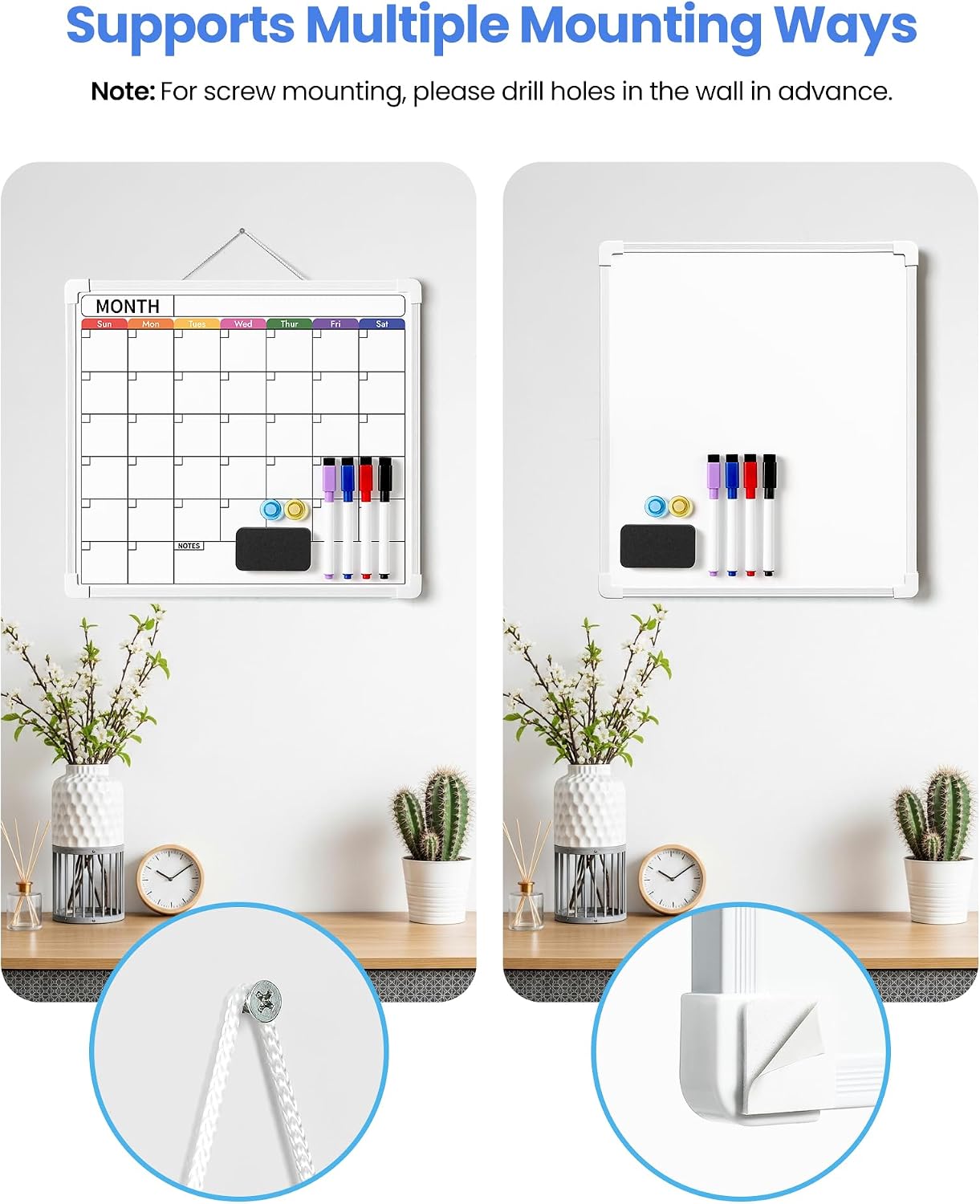 VITEVER Calendar Whiteboard for Wall, Double-Sided Dry Erase Board, Hanging Monthly Planning Board, Small White Board for Memo, to Do List, Home, Kitchen, Office Accessories