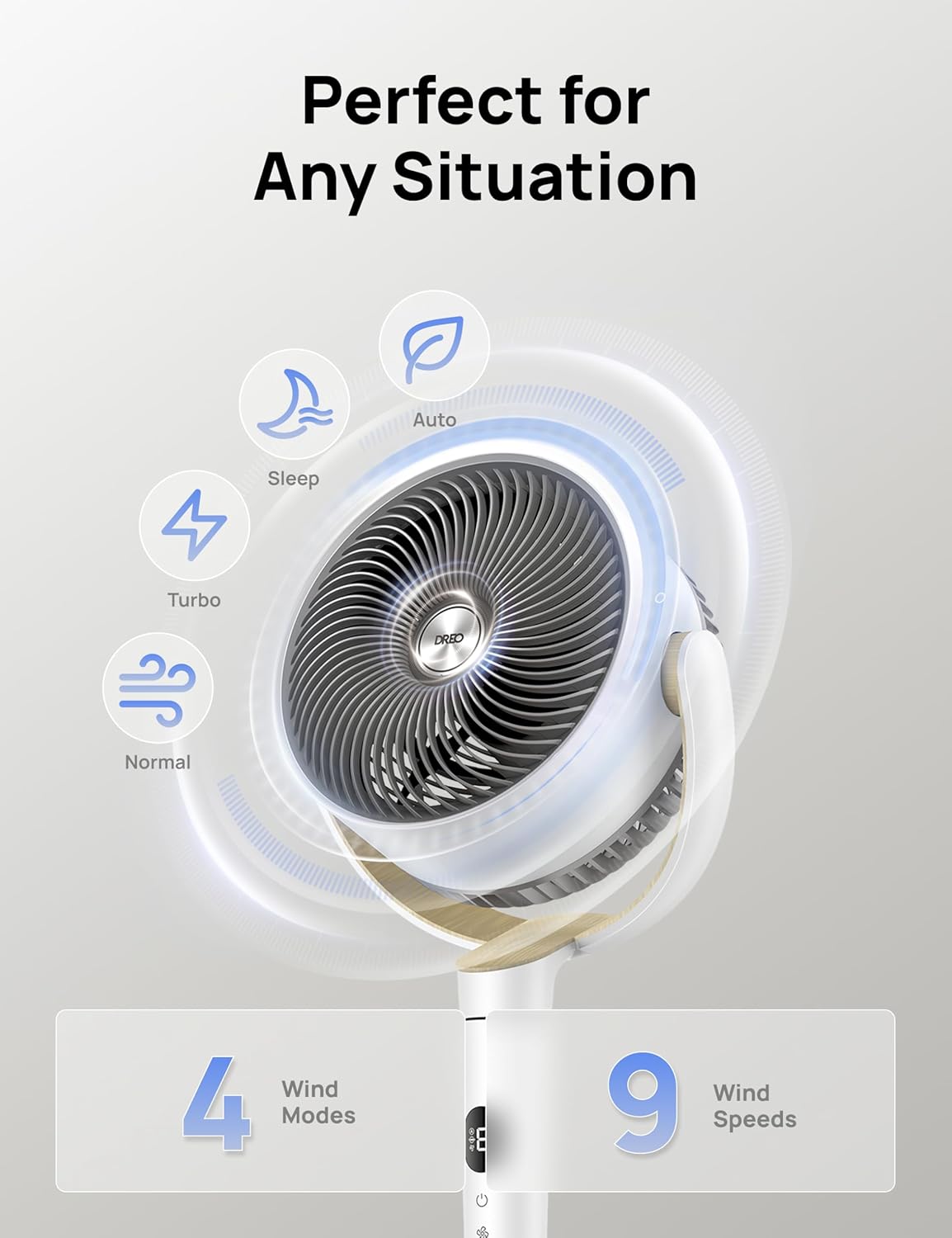 DREO Fan for Bedroom, 120° Oscillating Standing Fan, Quiet Floor Fan with DC Motor, Pedestal Fan for Room, 9 Speeds, 4 modes, 20dB, 120° Manual Vertical, 37-42" Adjustable Height, 9H Timer, Dark Gray