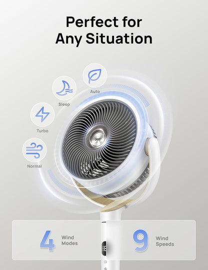 DREO Fan for Bedroom, 120° Oscillating Standing Fan, Quiet Floor Fan with DC Motor, Pedestal Fan for Room, 9 Speeds, 4 modes, 20dB, 120° Manual Vertical, 37-42" Adjustable Height, 9H Timer, Dark Gray