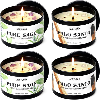 AOOVOO Sage Candle for Cleansing - 3 Wick 12oz Large Scented Candle with Crystals & Sage Leaves Inside, Soy Candles Non Toxic for Meditation Spiritual Gift, Aromatherapy Candle for Women Men