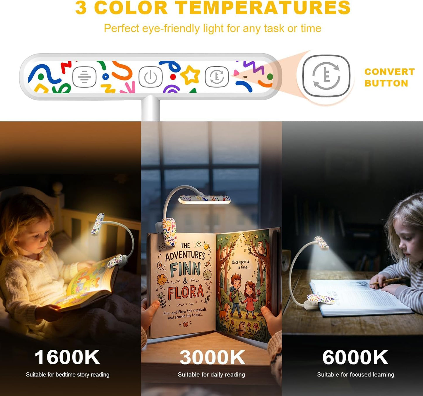 Rechargeable Kids Book Light, Cute Bookmark Reading Light for Kids, Dimmable Portable LED Book Light for Reading in Bed, Eye-Caring Bedtime Reading Lamp for Children & Travel, Black