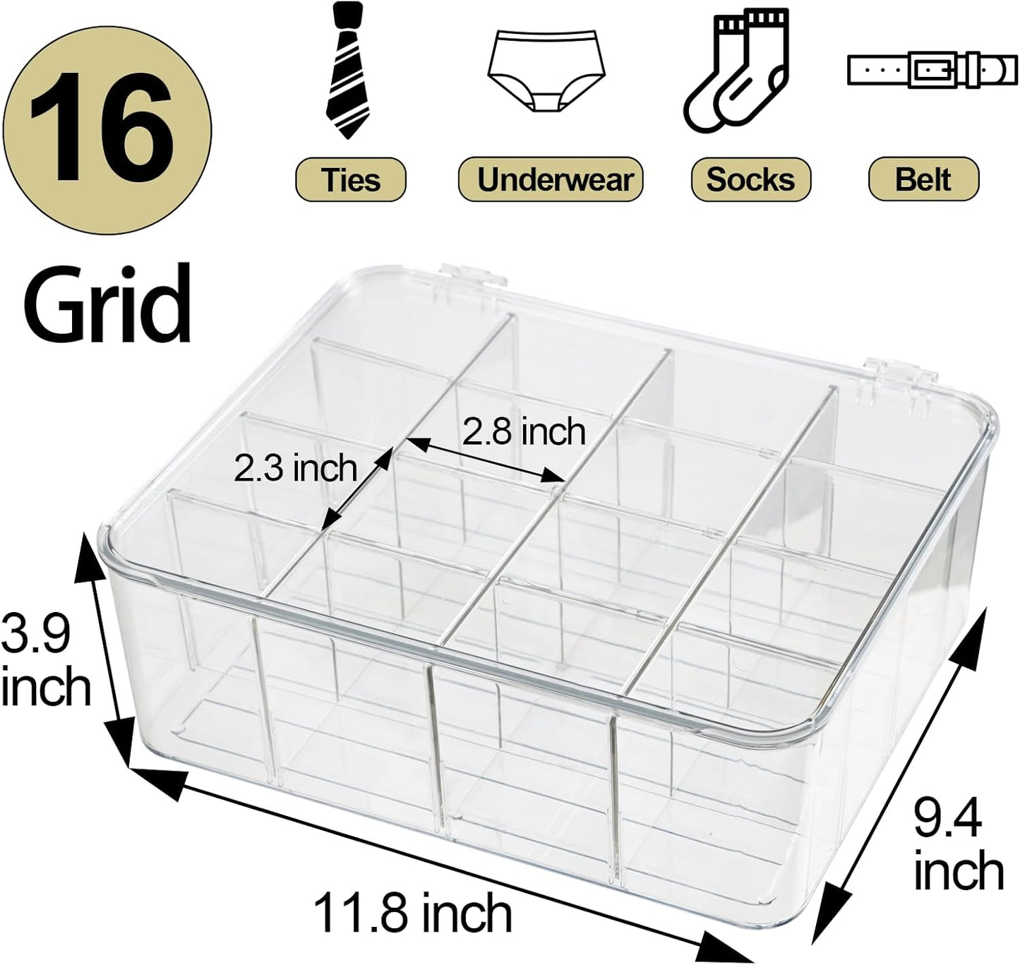 ZEXALOR Clear Tea Bag Organizer, Dresser Organizers Drawer Organzier Storage Container with Removable Dividers, Plastic Storage Bin with Lid, Organizer for Scarves Ties Bras