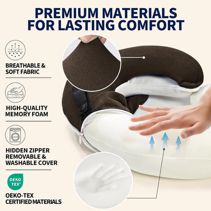 BUYUE Travel Neck Pillows for Airplanes, Memory Foam 360° Head Support Sleep for Long Flight, Skin-Friendly & Breathable, Kit with Eye Mask, Earplugs and Storage Bag (Adult, Grey, 90+ lbs)