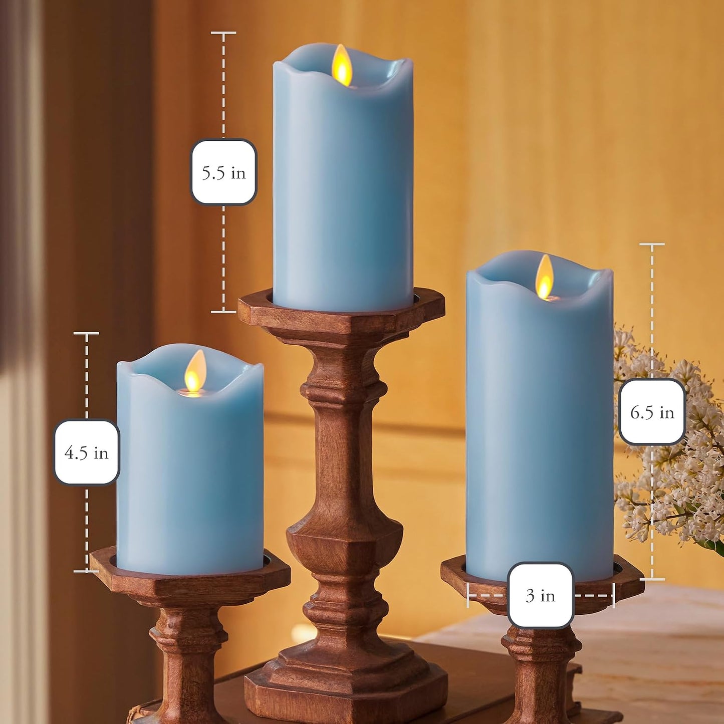 Matchless Candle Co. by Luminara Set of 3 Flameless LED Pillar Candles, Real Wax, Moving Flame (3x4.5, 3x5.5, 3x6.5 Inch, Unscented)