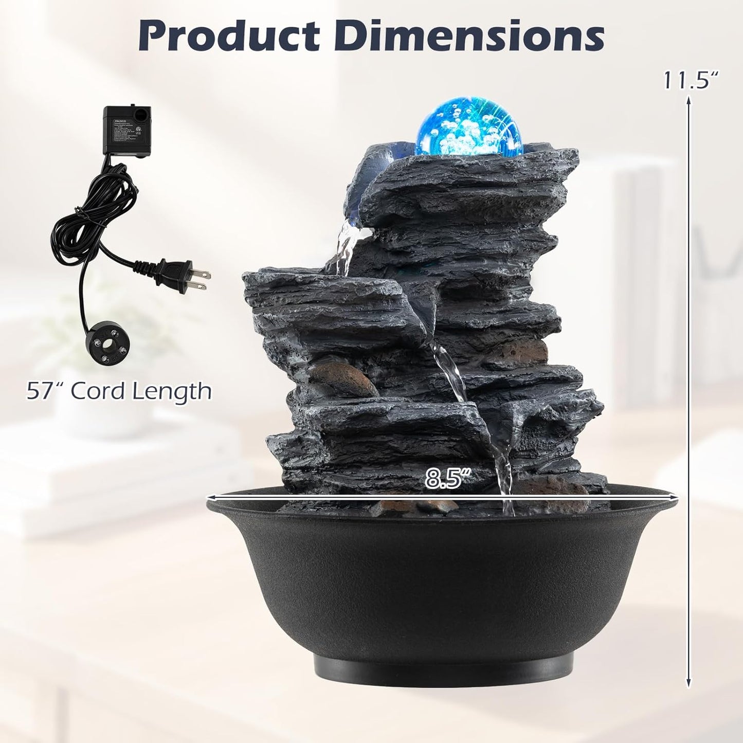 Giantex Tabletop Water Fountain with Rotating Crystal Ball & LED Lights, Tiered Rock Waterfall with Pump, Zen Meditation Desktop Decor for Office, Home Relaxation (Offset Stream)